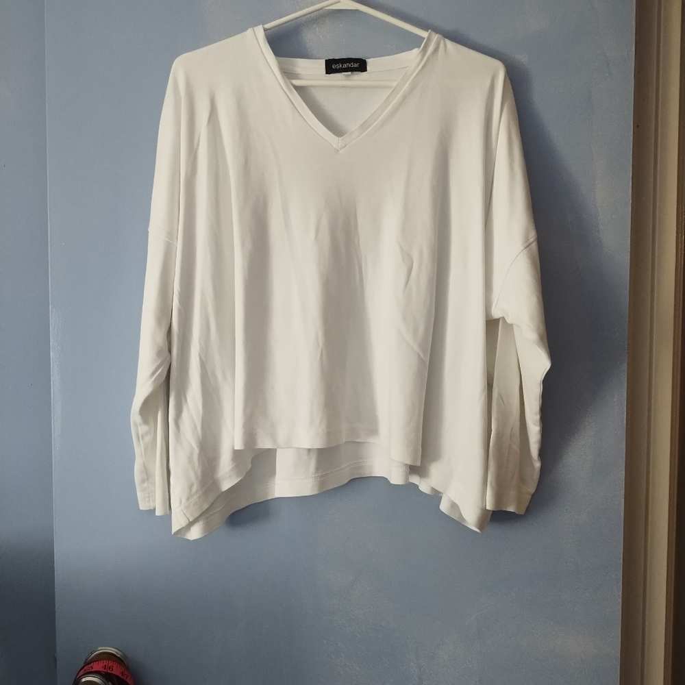 ESKANDAR White Pima Cotton V Neck Top O/S
